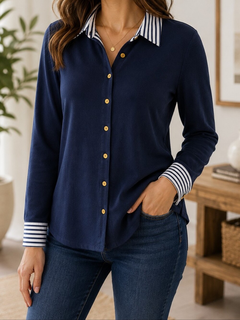 Jones New York Navy Striped Collar Knit Top Gold Buttons M - Picture 9 of 9
